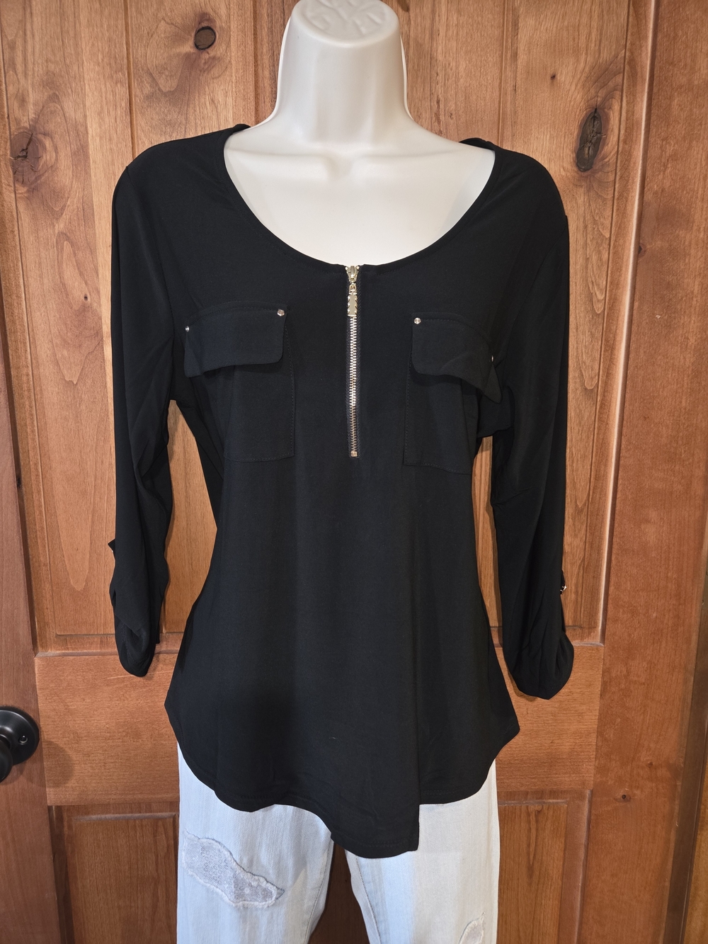 Black 3/4-Sleeve Zip Front Pocket Blouse